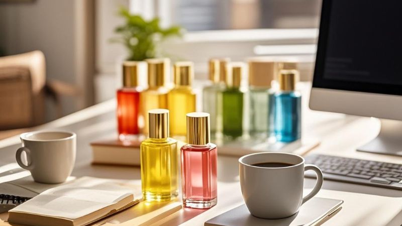 パソコンとカラーボトルが置かれたオンライン学習をイメージした画像